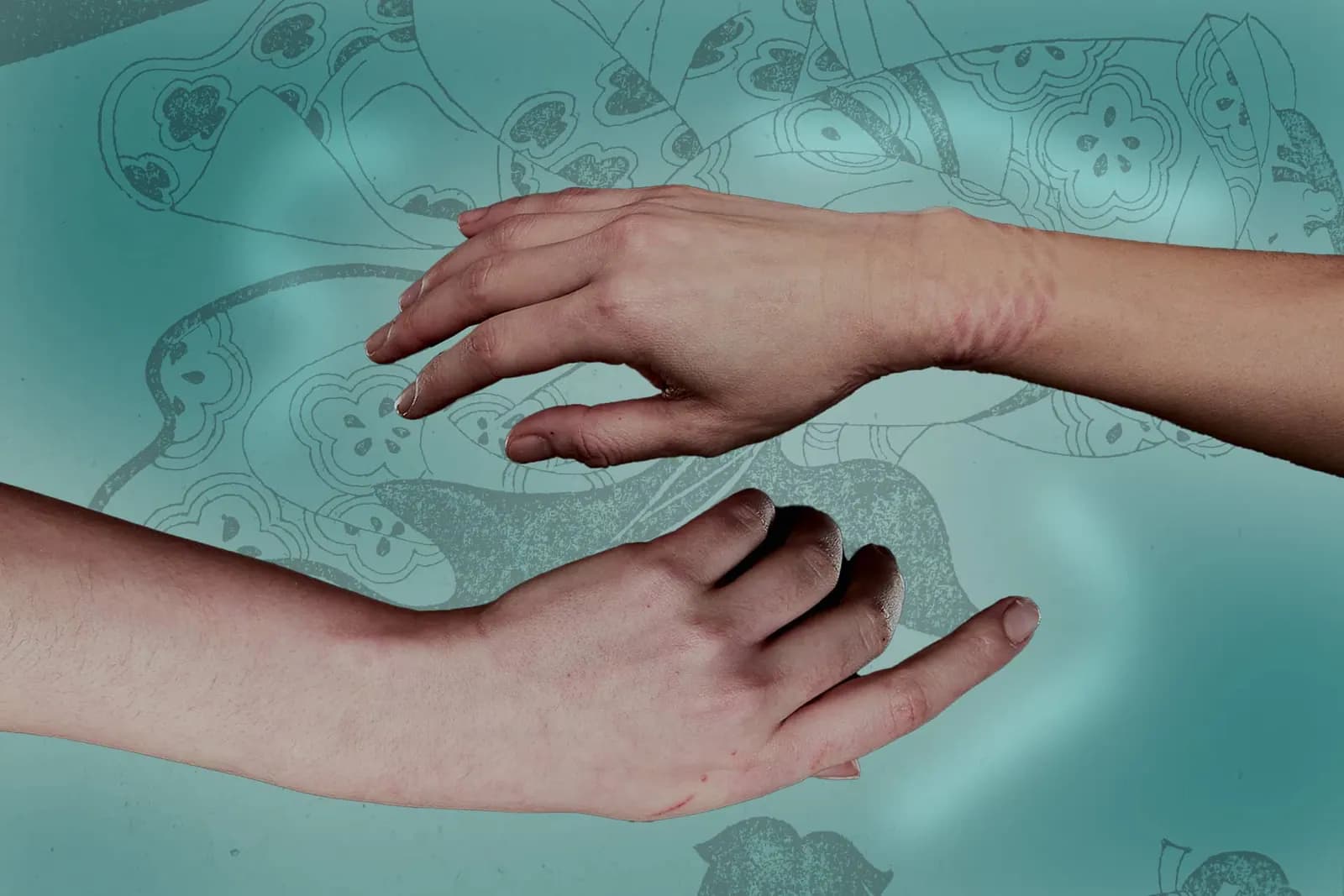 Two hands reaching for each other, one with rope marks on the wrist, against a teal background. 