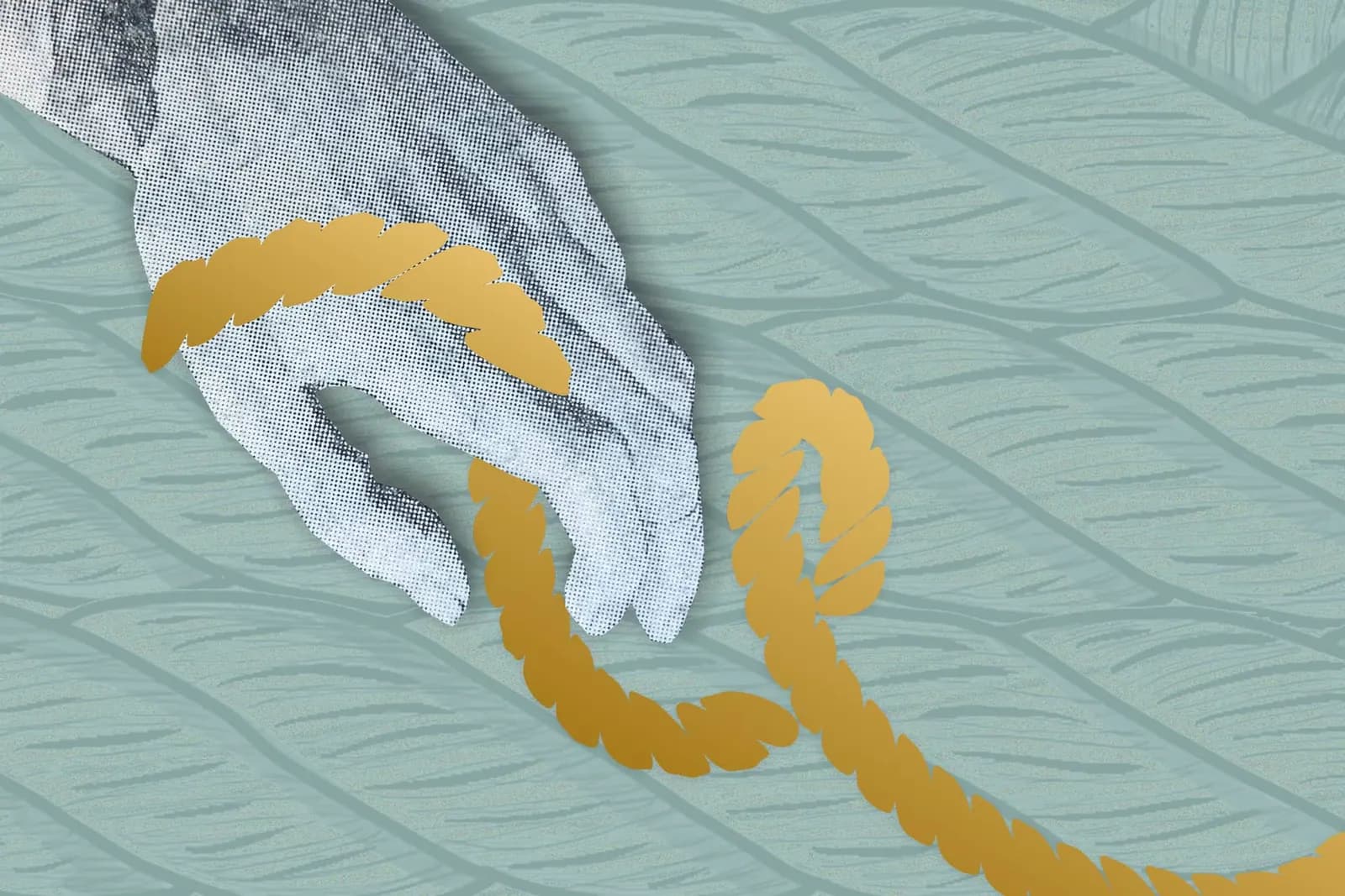 A grayscaled hand holding a stylized gold rope against a textured green background.