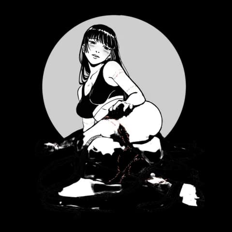 A person illustrated in rope bondage with harness wrapping their legs and lower body.