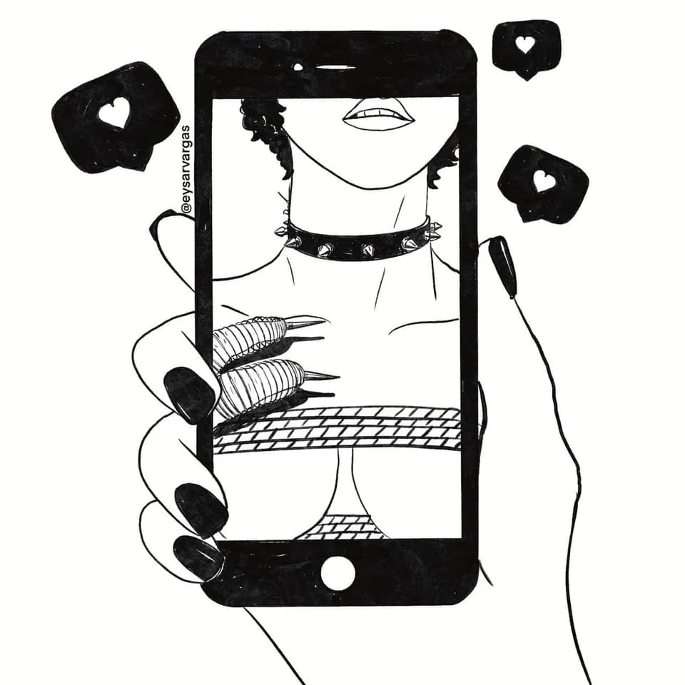 An illustration of a hand holding a phone displaying someone in a spiked collar with rope across their chest, surrounded by heart icons.