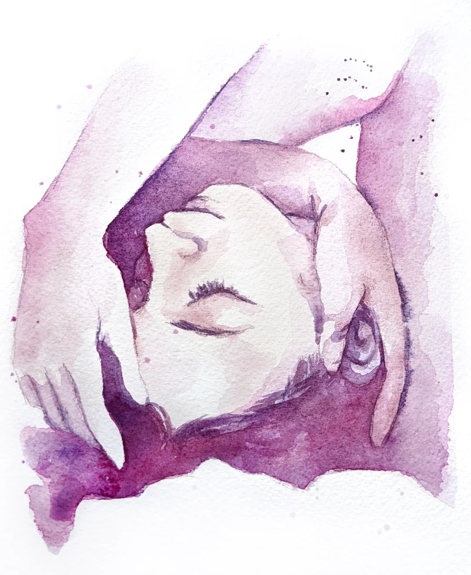 A purple watercolor painting of two hands gently cradling the head of a person with closed eyes.