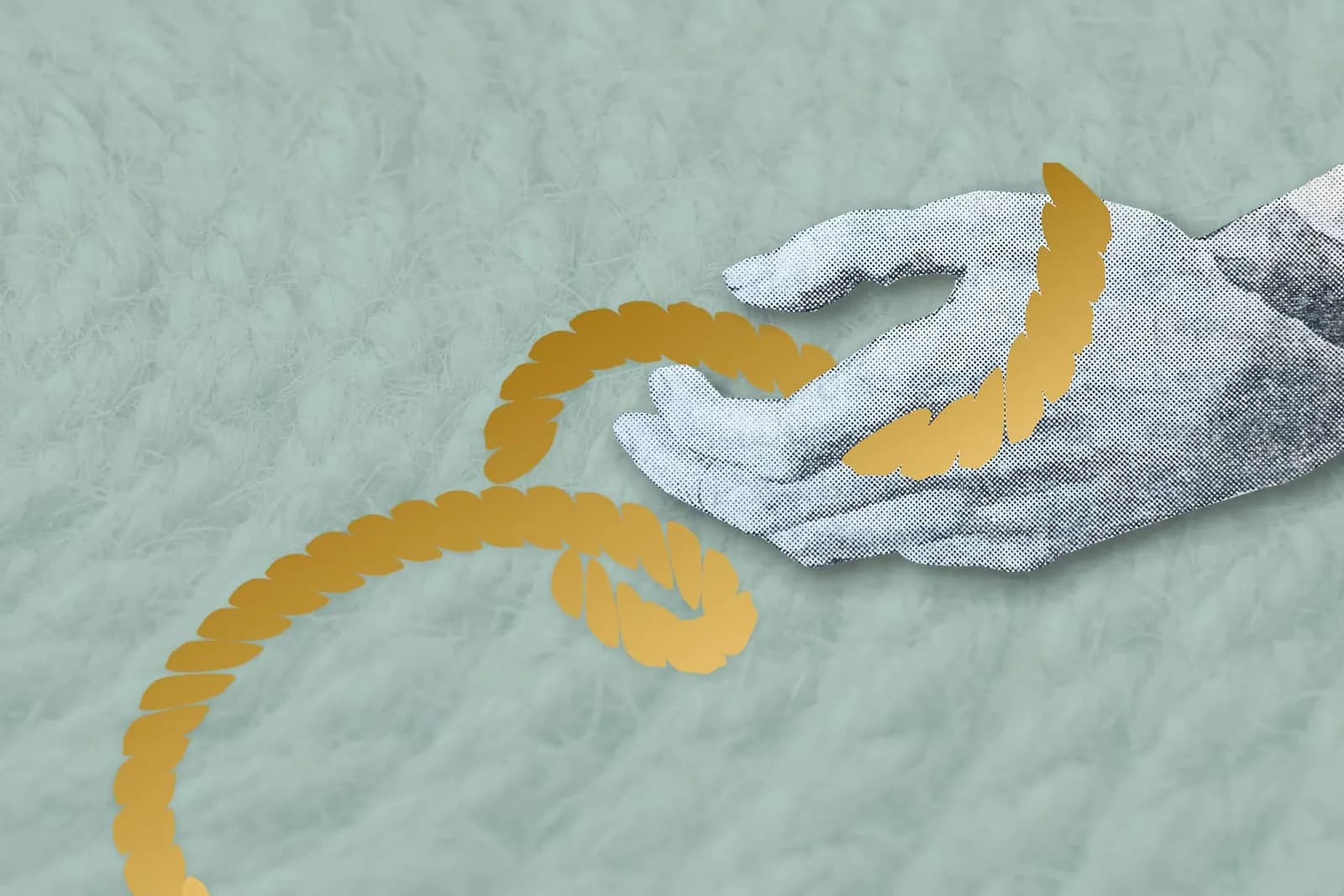 A grayscaled hand holding a stylized gold rope against a textured green background.