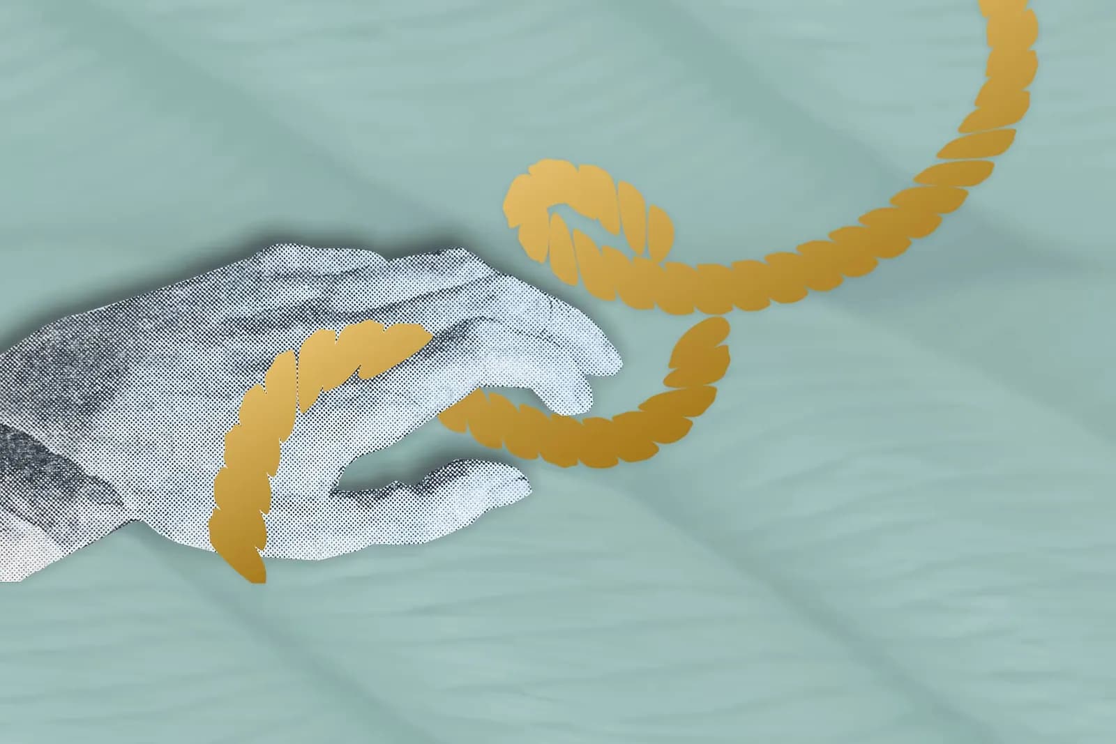 A grayscaled hand holding a stylized gold rope against a textured green background.