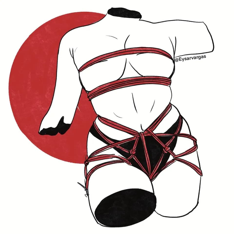 Illustration of a torso tied with red rope in a waist harness against a red circle.