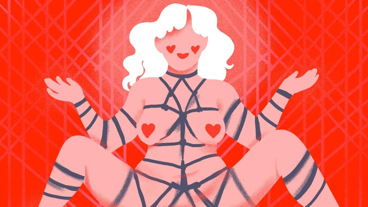 An illustration of a figure in rope harness on a red patterned background