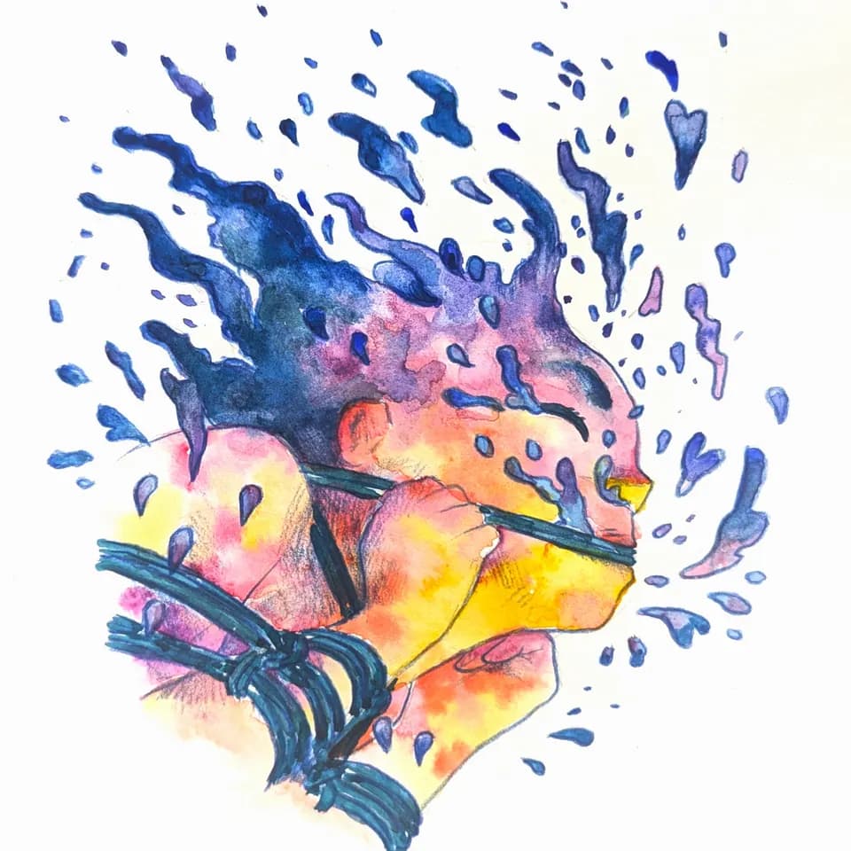 Watercolor illustration of an abstract head with blue splashing effect and rope.