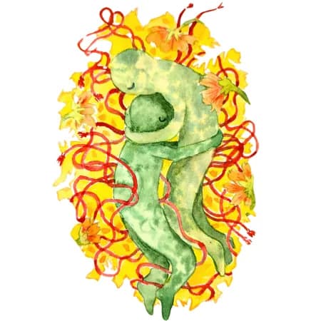 Watercolor illustration of a figure bound with rope surrounded by colorful flames.