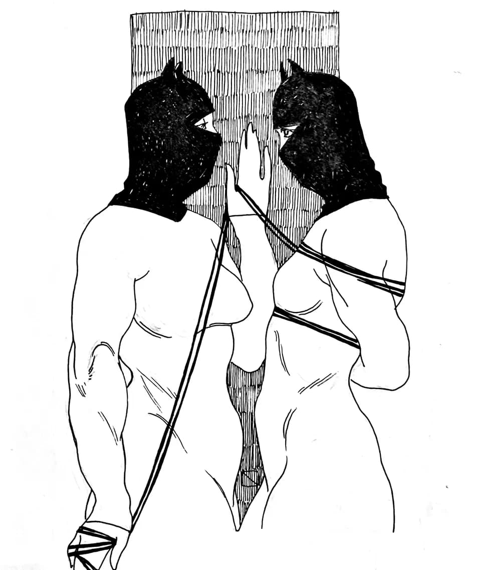 Line drawing of a person bound with rope in a standing position.