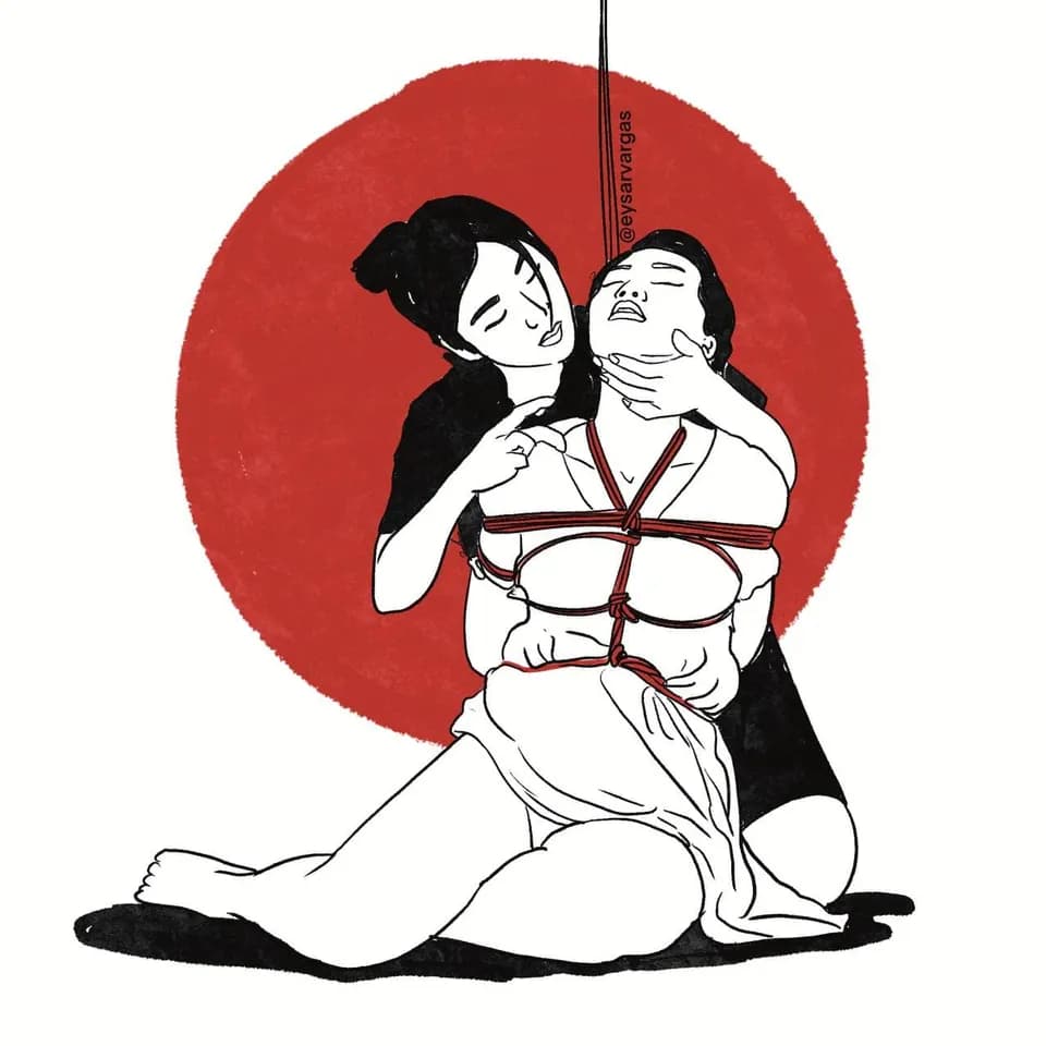 Two people illustrated with one tying rope in a chest harness pattern on the other's torso.