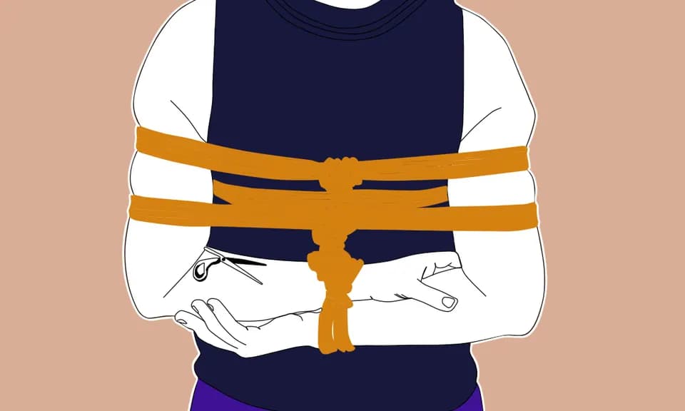 Illustration of a person with yellow rope wrapped across the chest and arms.