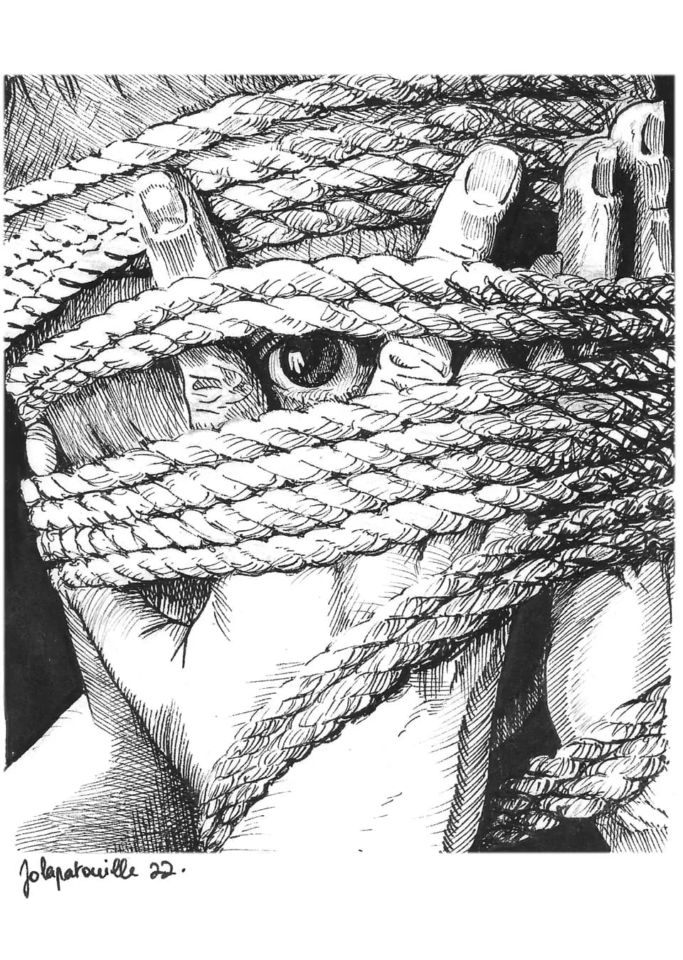 An ink drawing of a person with hands bound to head with rope and an eye peeking out.