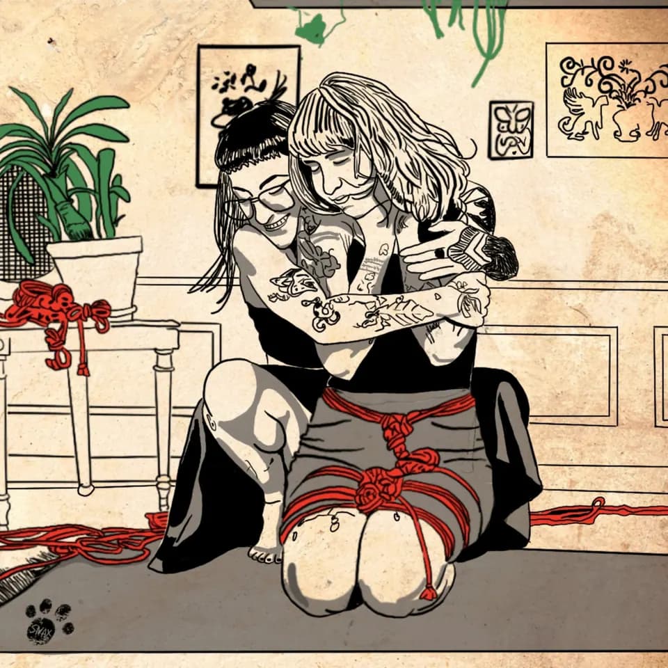 Illustration of two people kneeling, one embracing the other, with red rope tied around their thighs.