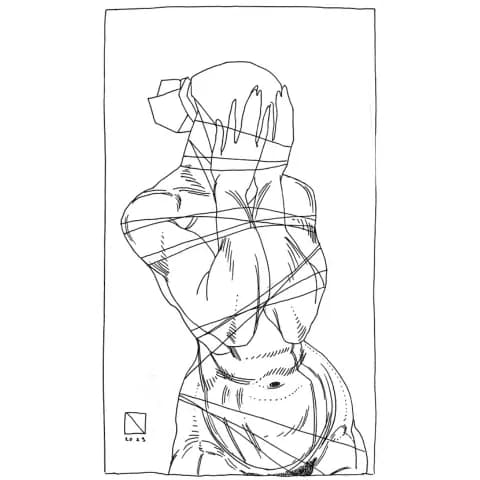 Illustration of a person with extensive rope bondage on the torso.