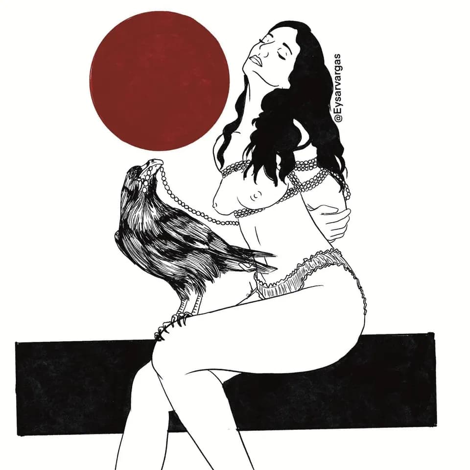 Illustrated person bound in rope with decorative bird motif and deep red background circle.