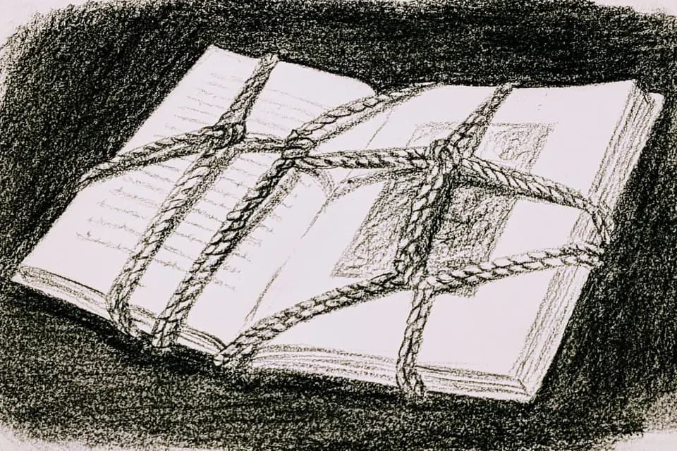 An illustrated open book with rope tied across its pages in a sketch-style drawing.