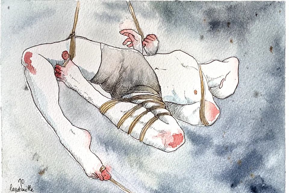 A watercolor figure suspended by rope around the legs and torso with rope anchor points above.