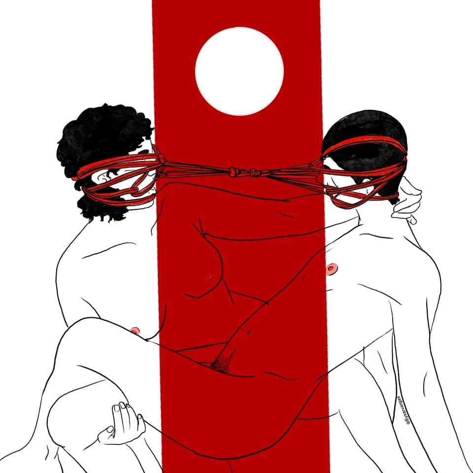 An intimate black and red illustration of two people tied together by their heads.