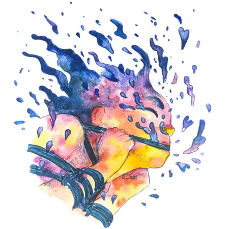 Watercolor illustration of an abstract head with blue splashing effect and rope.