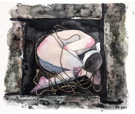A watercolor illustration of a person in an aerial rope suspension.