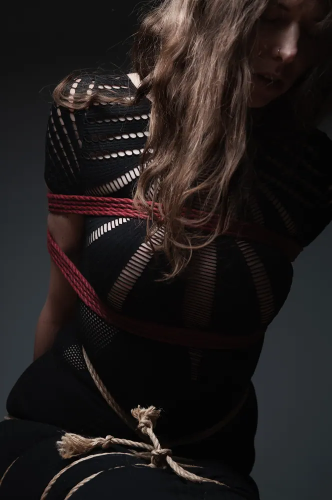 A person's back in a rope chest harness with contrasting color bands.