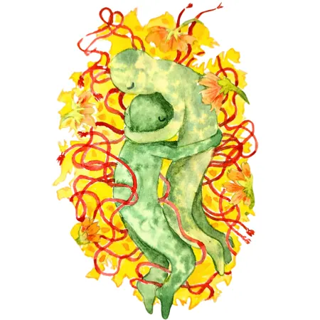 Watercolor illustration of a figure bound with rope surrounded by colorful flames.