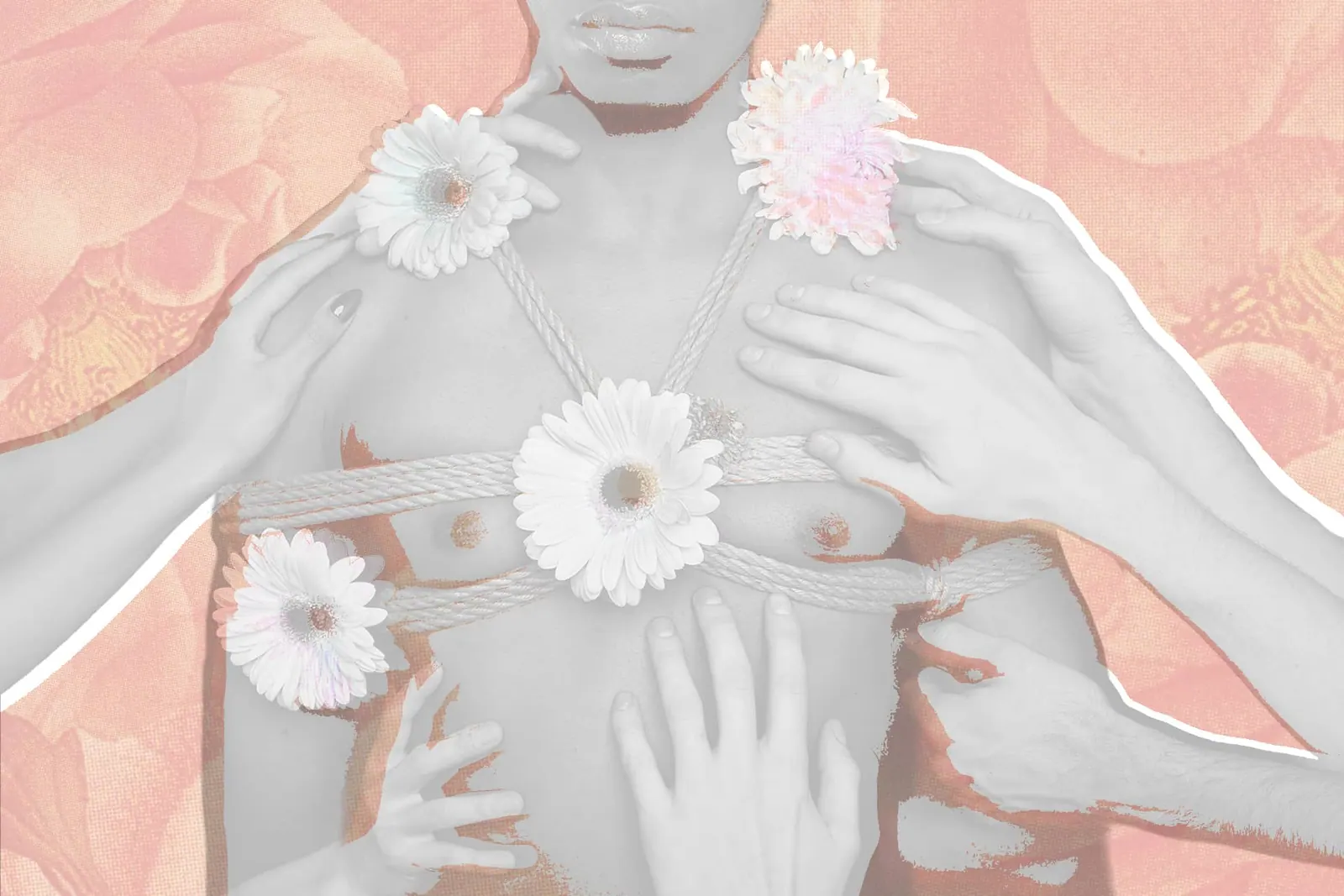 A person with a rope chest harnesses is adorned with flowers, touched by multiple pairs of hands.