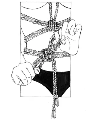 Line drawing of hands tying a chest harness with rope.
