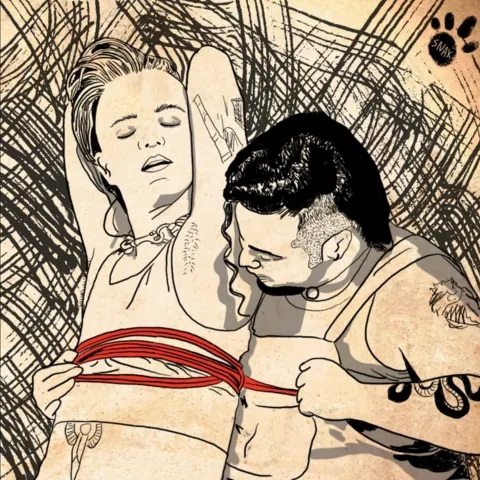 Illustration of a person with red rope bondage on their chest.