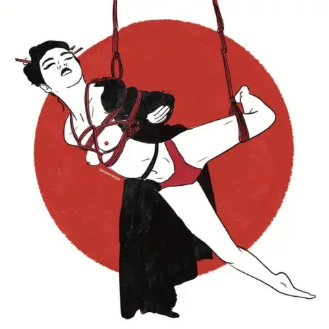 A group of people in rope bondage gathered in a studio community space.