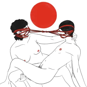 An illustration of two figures connected by rope overhead against a red circle.