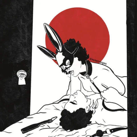 Illustrated figure wearing a bunny mask in a stylized scene.