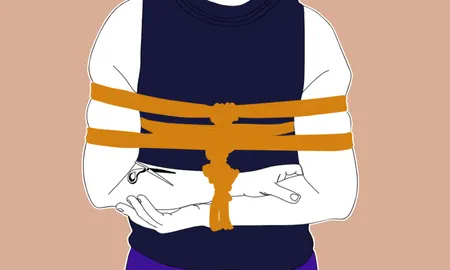 Illustration of a person with yellow rope wrapped across the chest and arms.