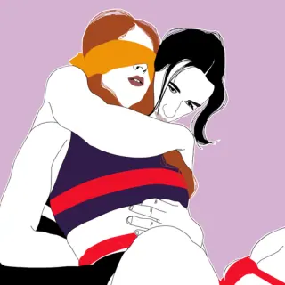 Illustration of two people embracing with red rope wrapped around them.