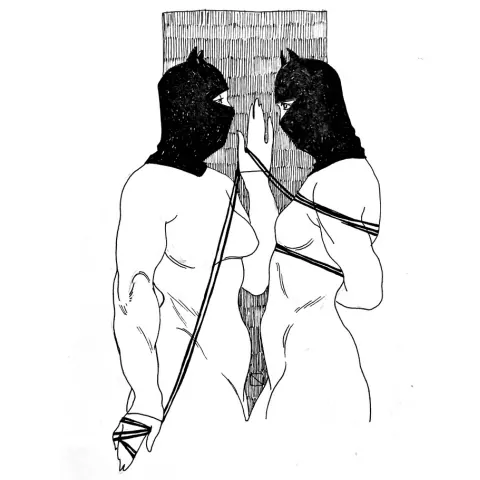 Illustration of two people in close contact, one bound with rope.