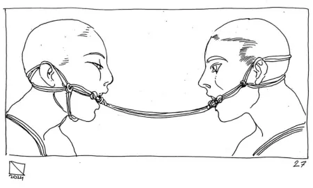 Line drawing of two people in profile with rope connecting them.