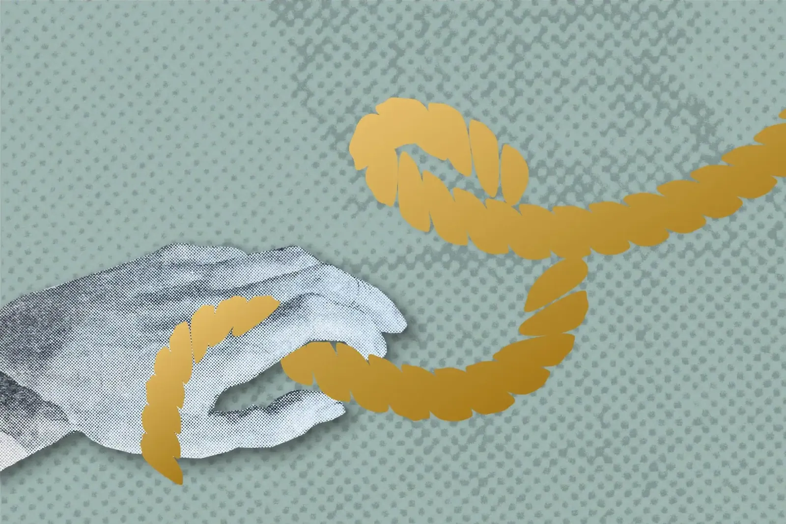 A golden shibari rope wrapped around a hand in front of a green background.