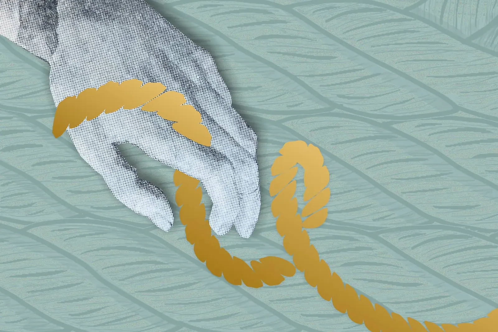 A grayscaled hand holding a stylized gold rope against a textured green background.