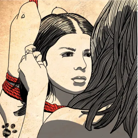 Portrait illustration of a person with a hand holding red rope near their wrist.