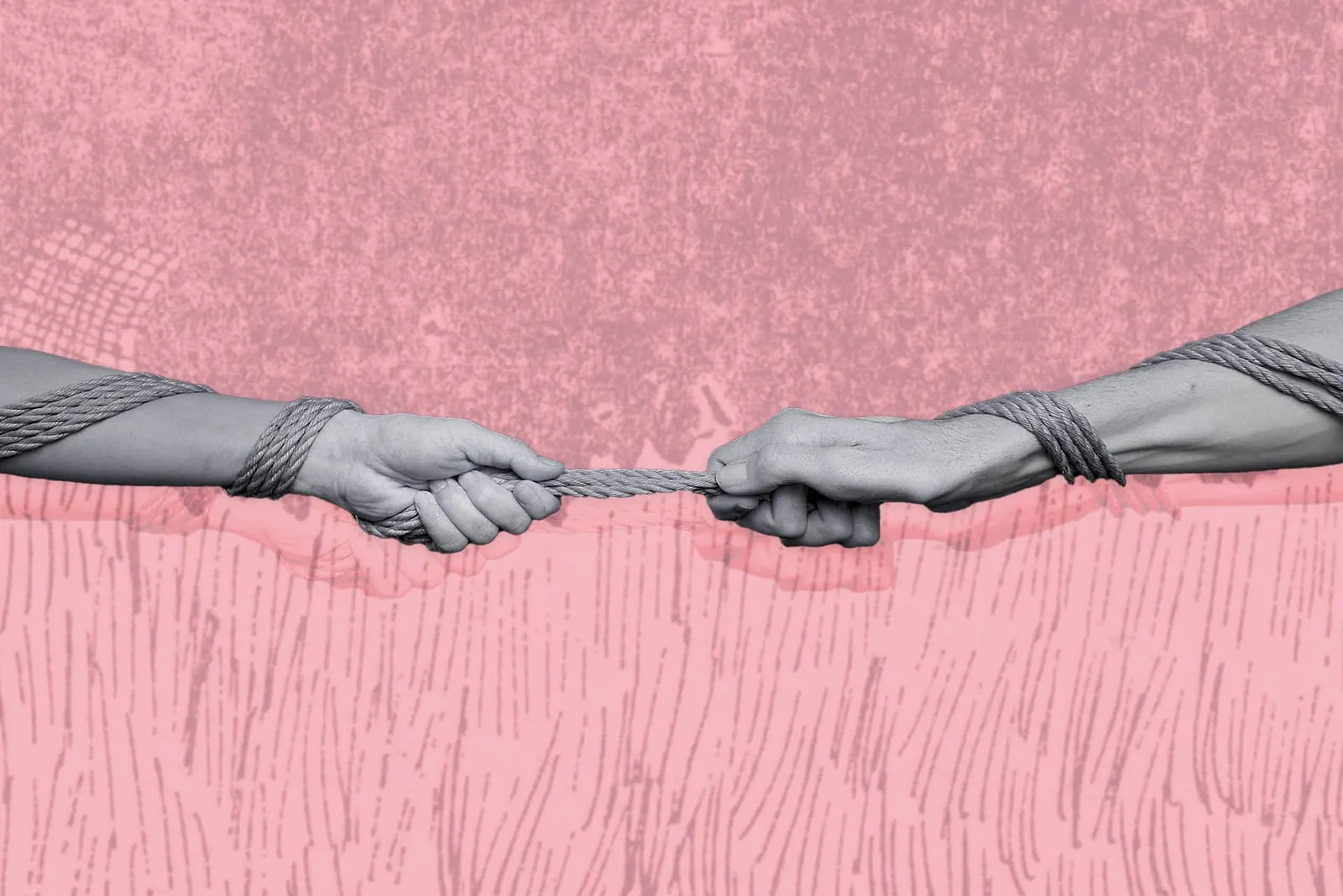 Two hands wrapped in rope and pulling it between them on a pink, textured background.