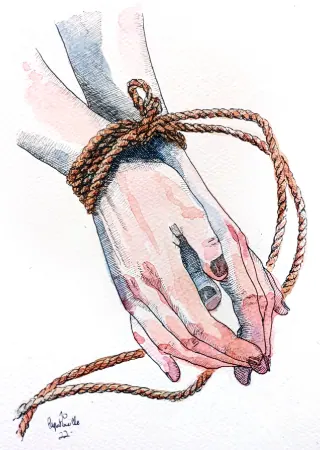 Ink and watercolour illustration of two hands tied together with rope.