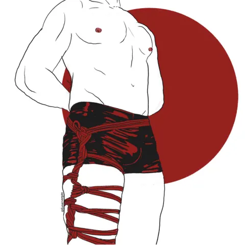 Illustration of a person with red rope tied in a hip and leg harness pattern.