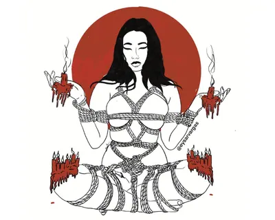 Natural jute rope and bondage equipment arranged with a gift box on a red background.