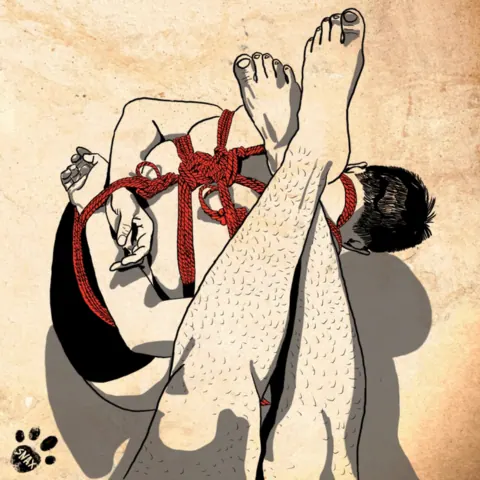 Illustration of a person with rope bondage binding their legs.