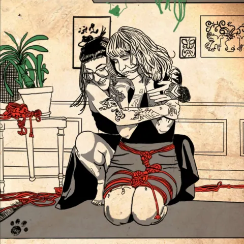 Illustration of two people kneeling, one embracing the other, with red rope tied around their thighs.