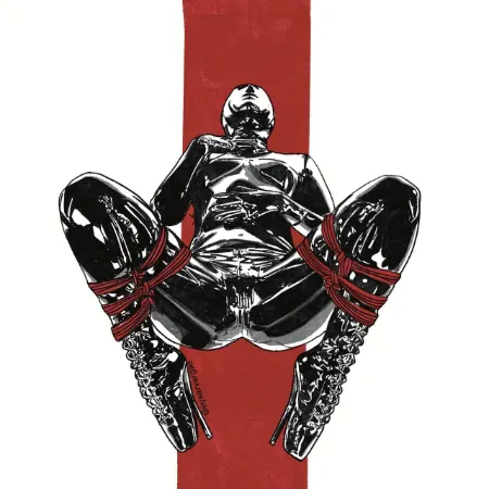 An illustration of someone in a latex catsuit bound in red ropes.