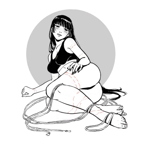 A person illustrated in rope bondage with harness wrapping their legs and lower body.