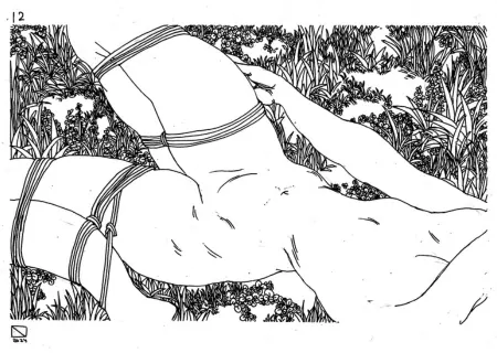 Illustration of a person lying outdoors with rope tied around the legs.