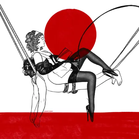 A black and red illustration of a man tied up and used as a hammock by his Domme who is reading a book.