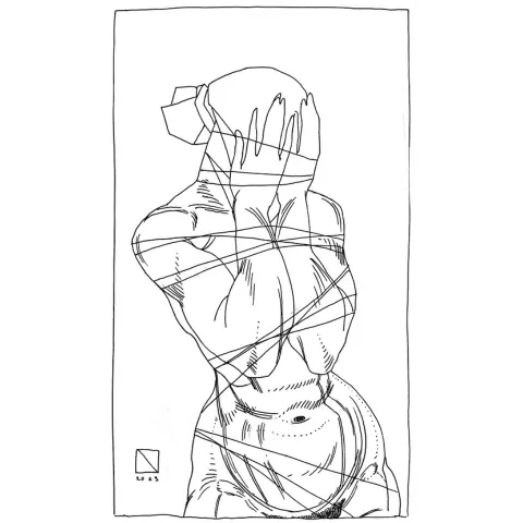 Illustration of a person with extensive rope bondage on the torso.