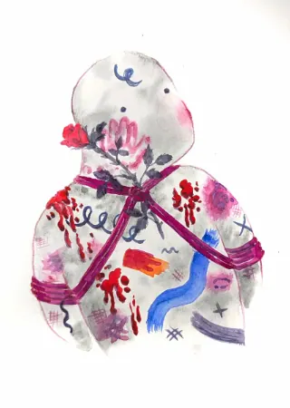 Watercolor illustration of a torso bound with colorful rope.